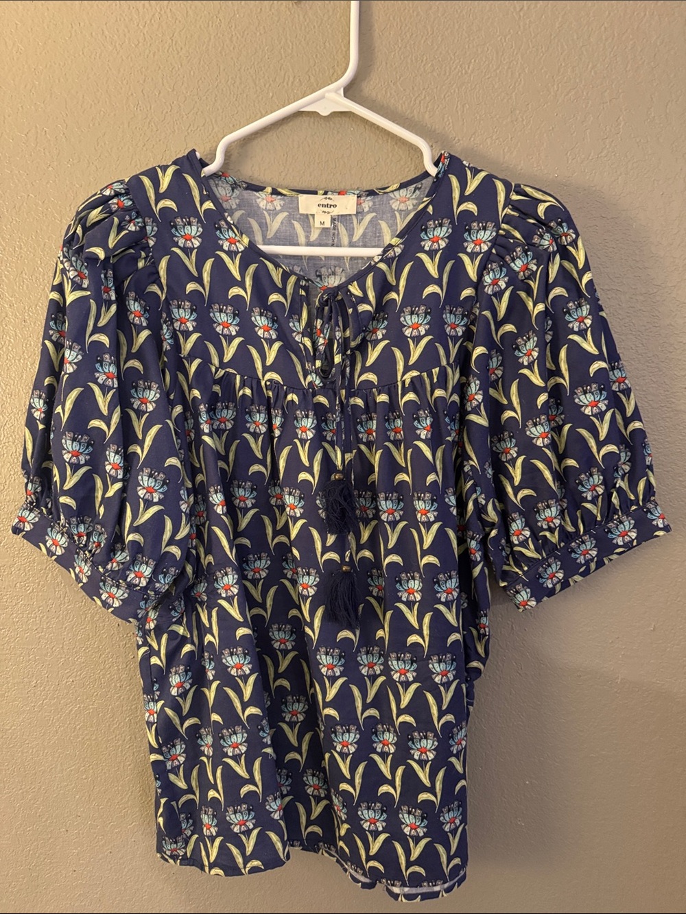Entro Navy Floral Tassel Peasant Blouse. Like new. Size M